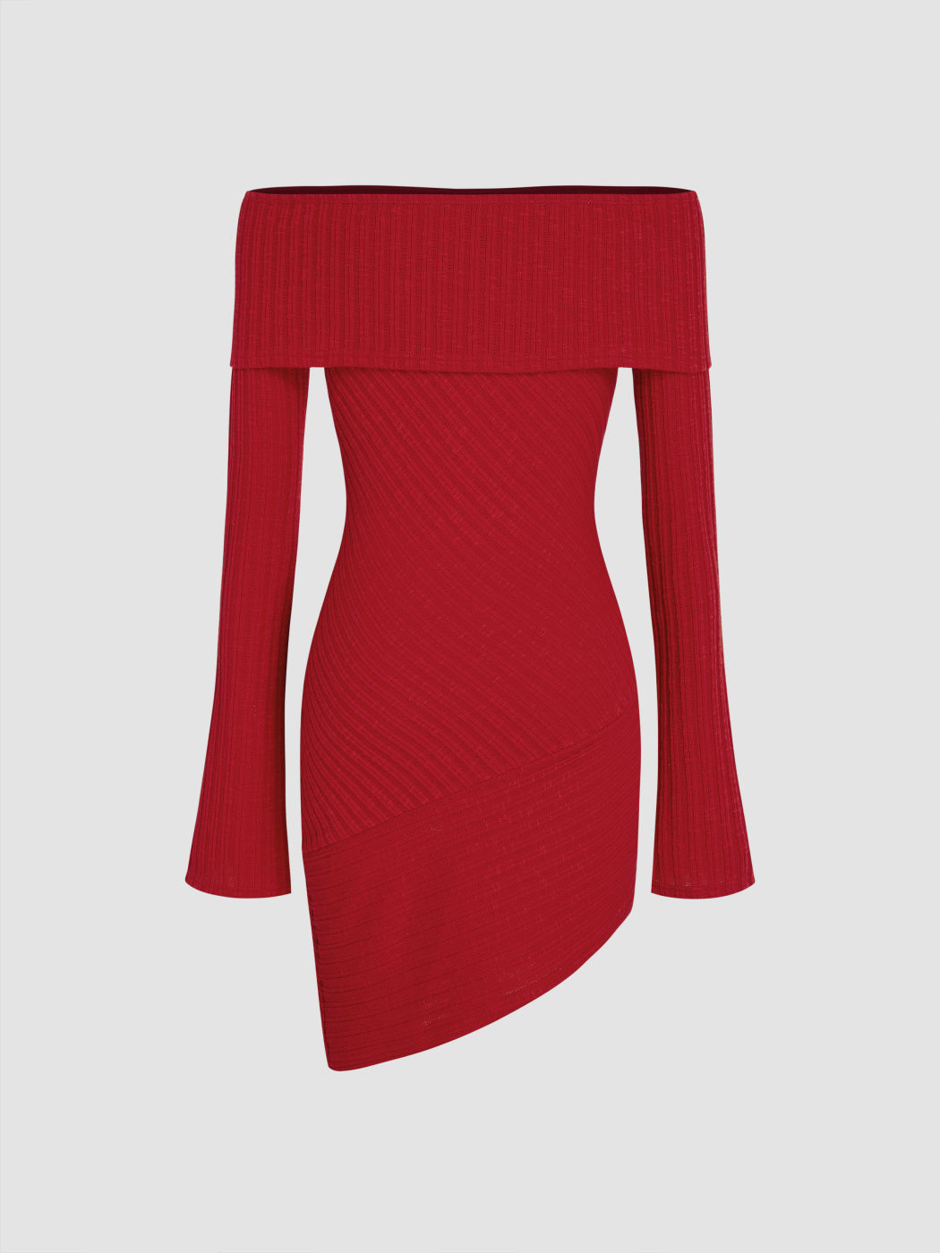 Rib Off-shoulder Asymmetrical Bell Sleeve Mini Dress