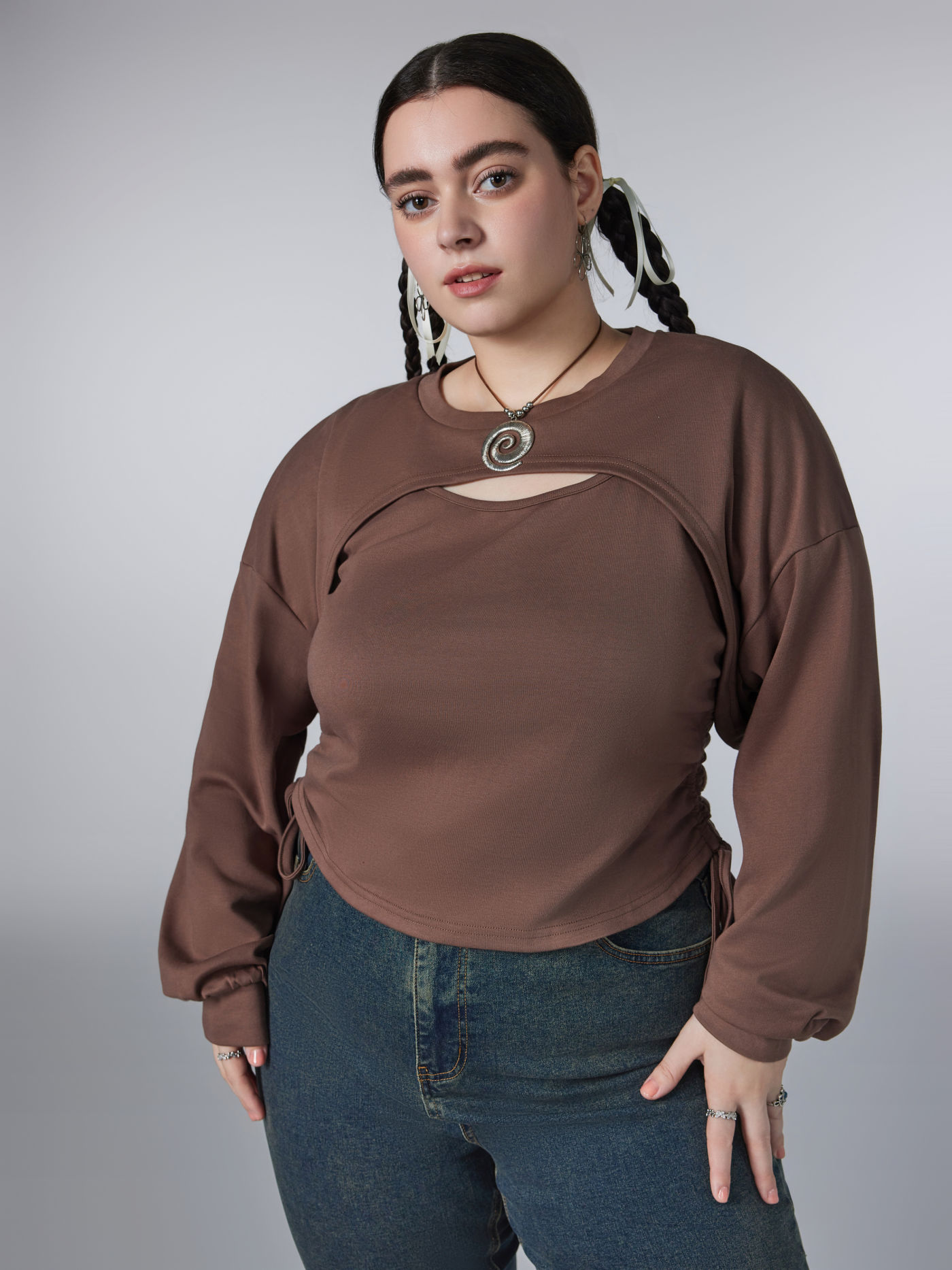 Round Neck Cut Out Knotted Sweatshirt Curve & Plus