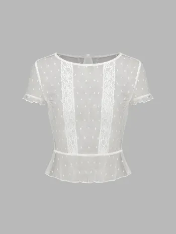 Mesh See-Through Solid Lace Short Sleeve Blouse