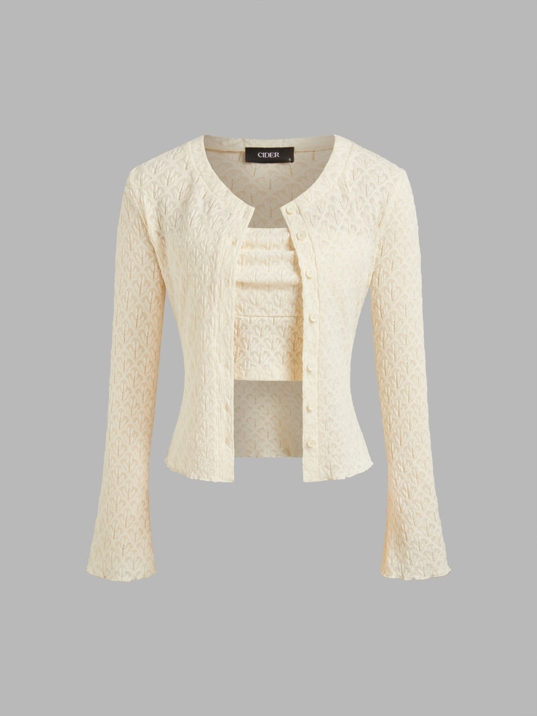 Solid Geometric Button Long Sleeve Cardigan With Tube Top