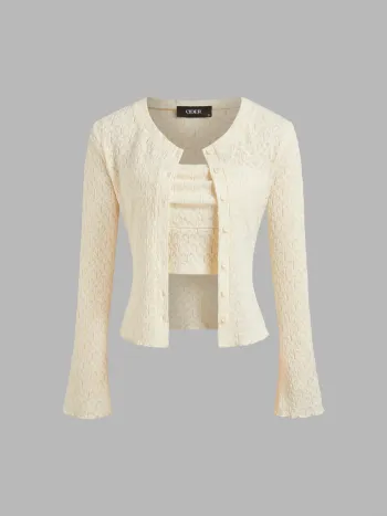 Solid Geometric Button Long Sleeve Cardigan With Tube Top