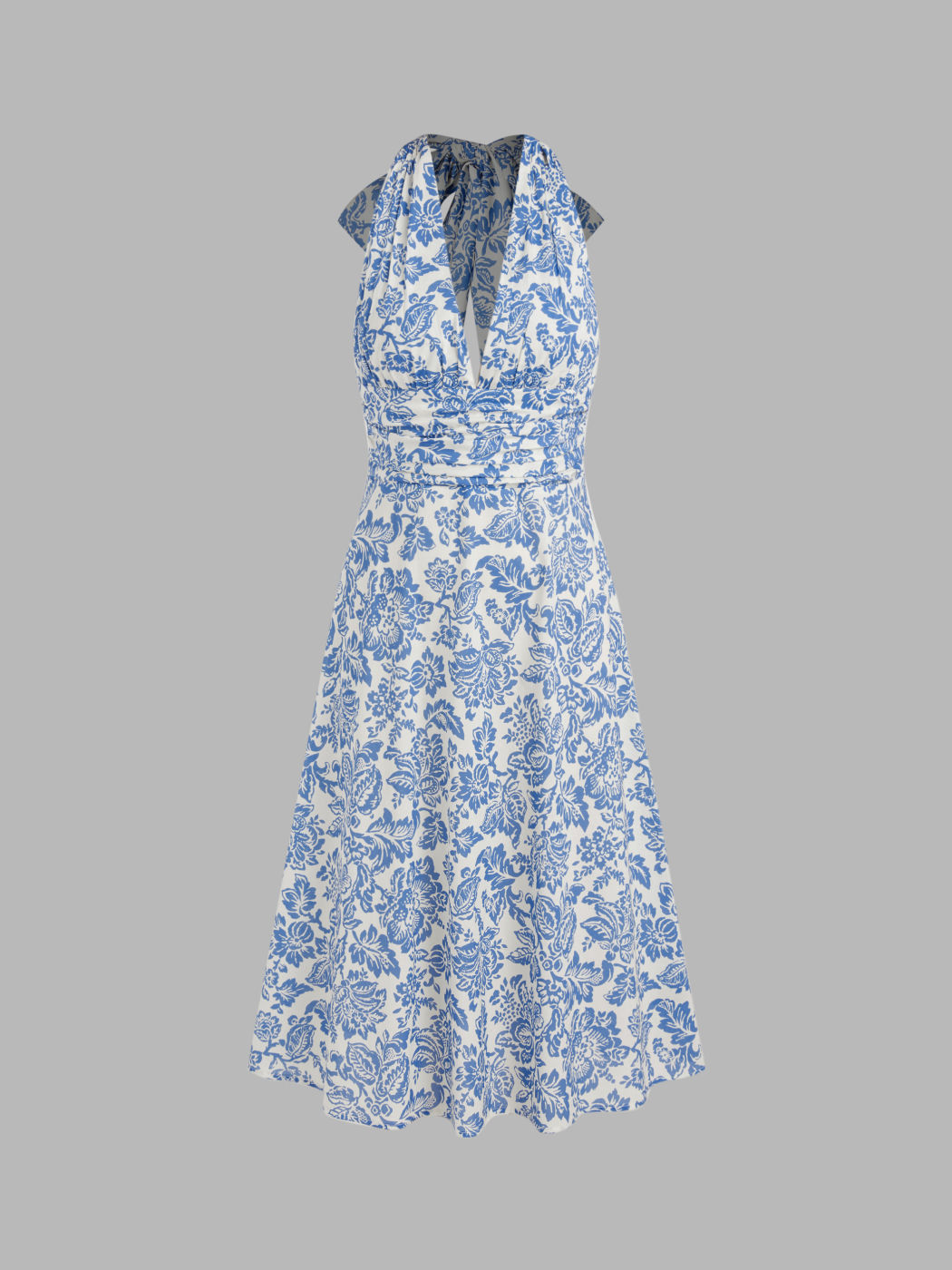 V-neck Halter Backless Floral Ruffle Midi Dress