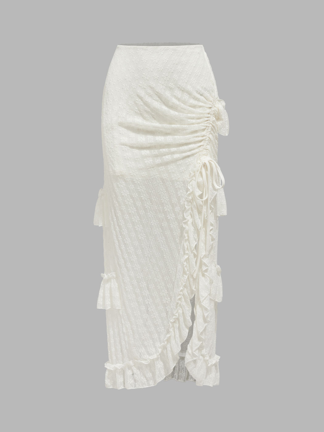 Lace Mid Rise Floral Split Layered Maxi Skirt