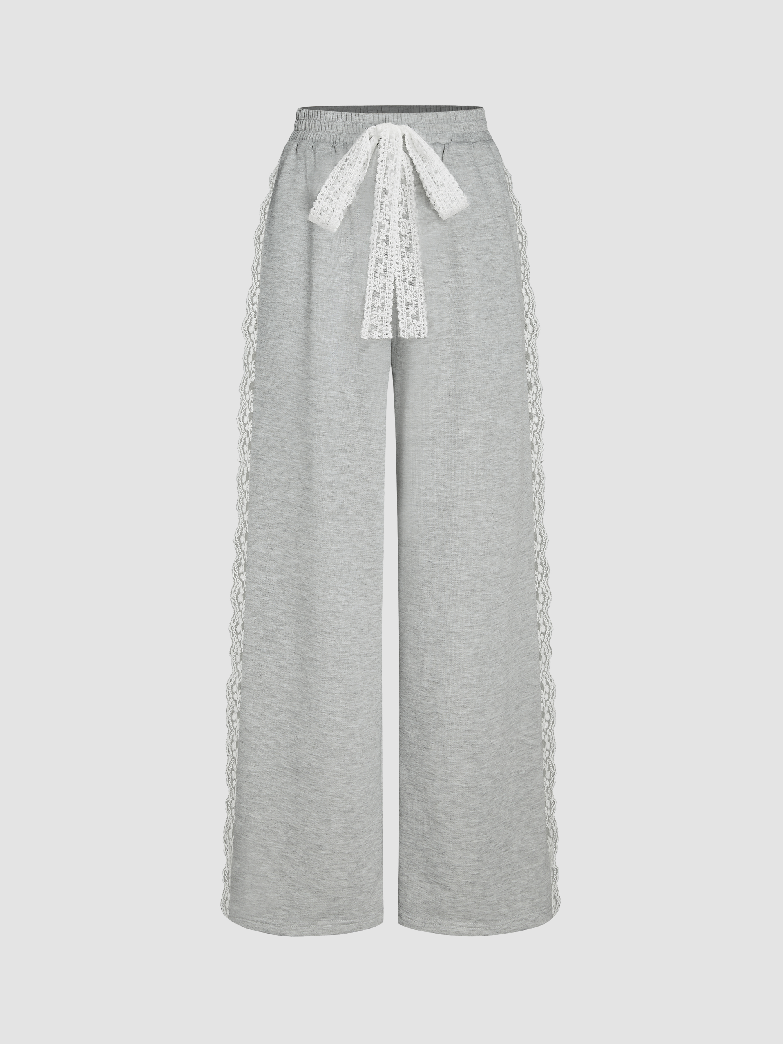 Terry Mid Rise Lace Trim Knotted Straight Leg Trousers For