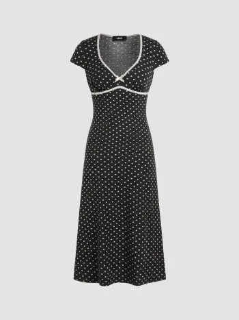Strick-V-Ausschnitt-Polka-Dot-Bows-Midikleid