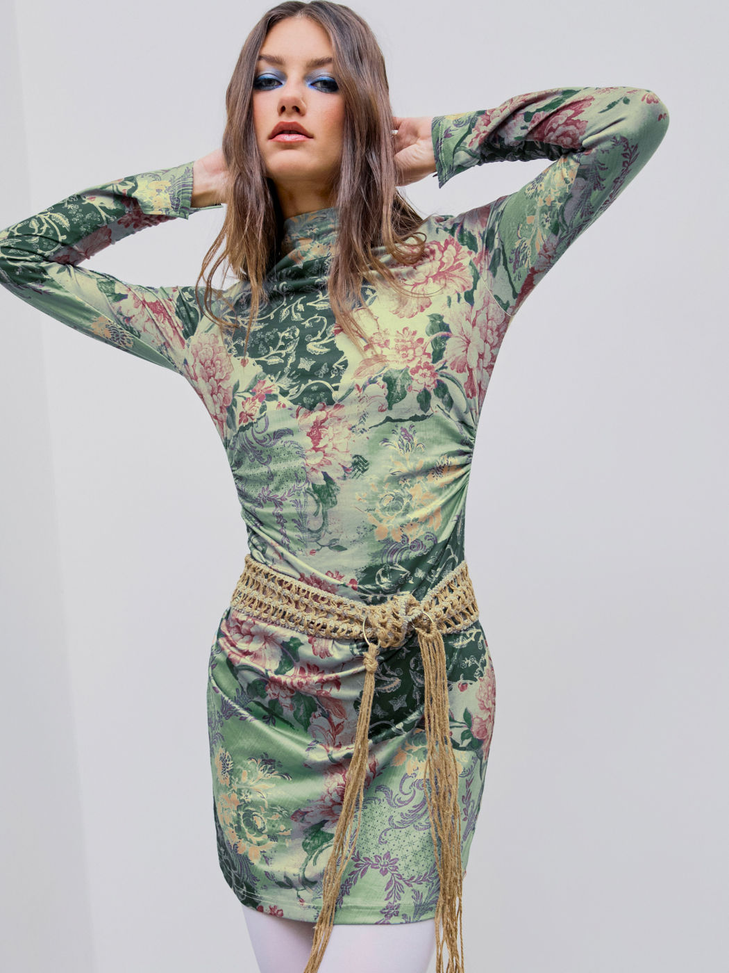  Strick Hochhalsiges Blumen Minikleid