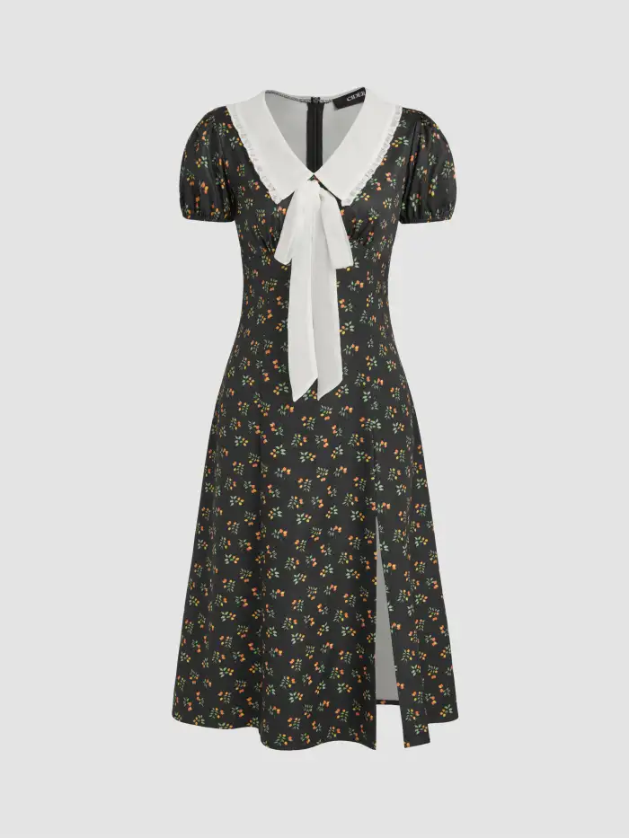 Graduation Dress Grad Dresses Woven Collar Bowknot Floral Split Midi Dress  For Holiday Vacation Daily Casual Coffee Shop