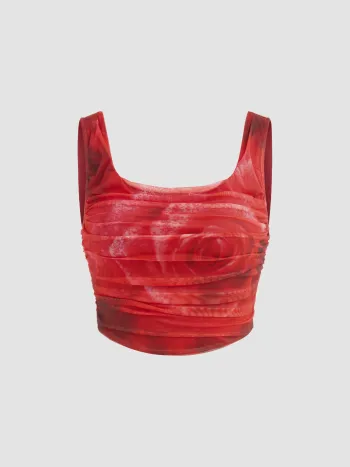 Rose bedrucktes Mesh-Tank-Crop-Top mit Aussparung am Hals