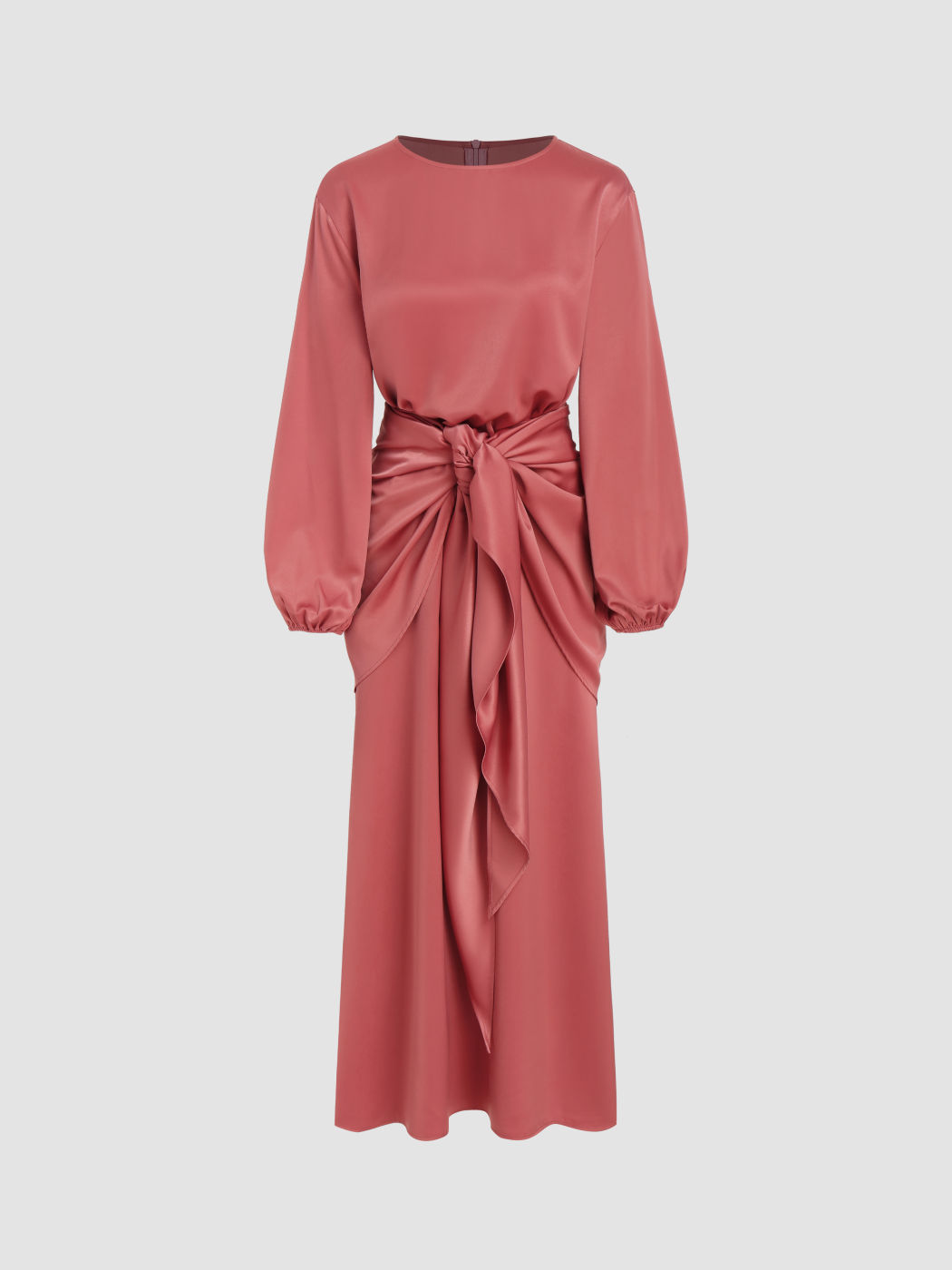 Satin Round Neck Solid Zipper Maxi Dress