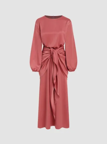 Satin Rundhals Einfarbiges Reißverschluss Maxikleid
