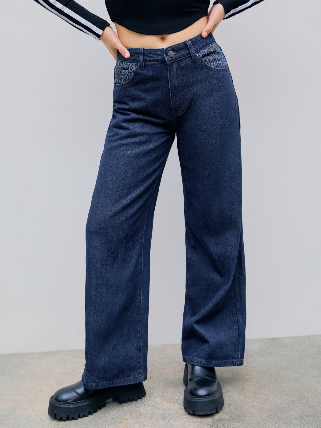Denim Mid Waist Leopard Pocket Wide Leg Jeans