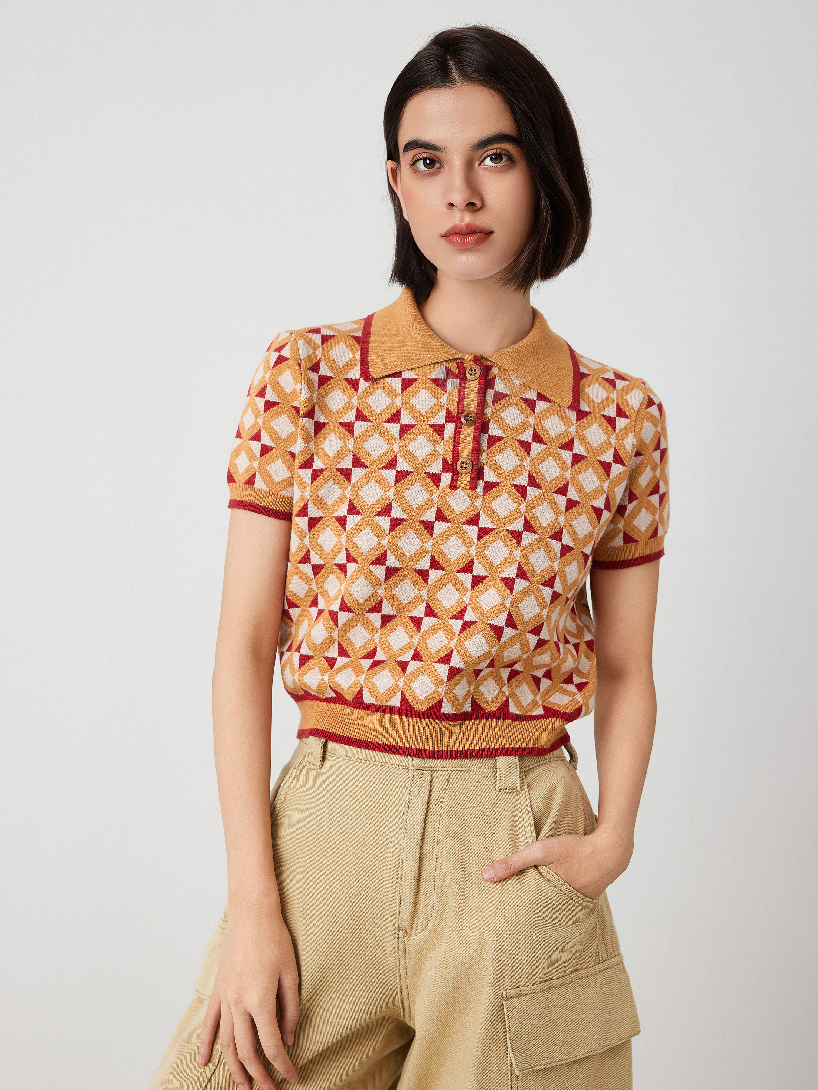 【COSYHARU】Double Stripe Open Collar Short Sleeve Knit two stripe collar short sleeved T-shirt - COSYHARU | 60