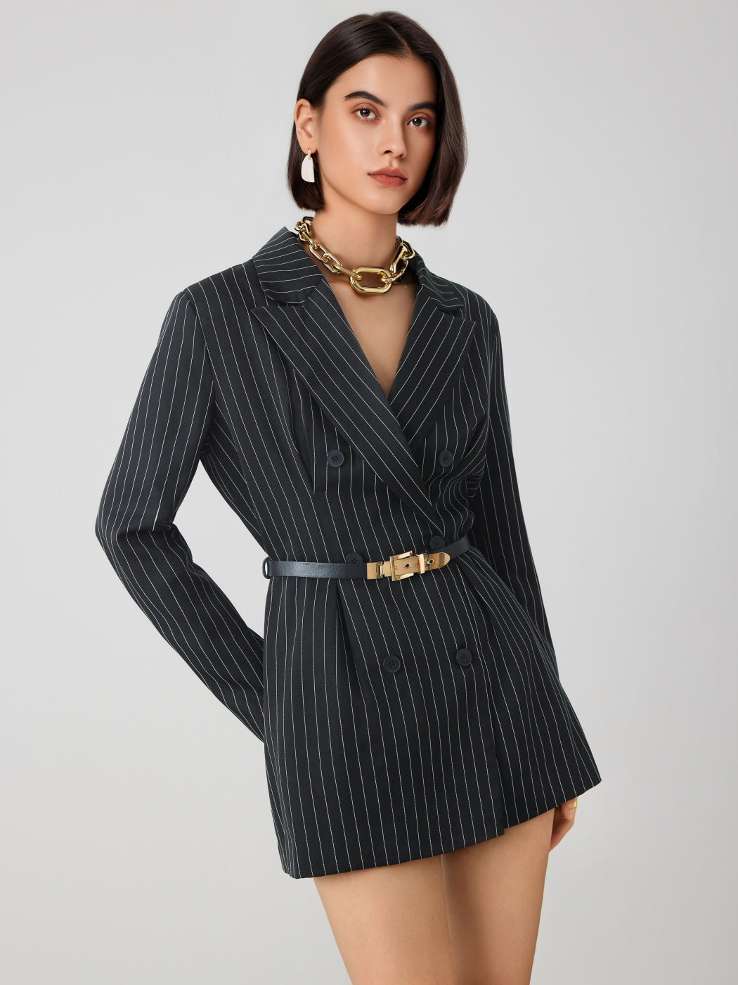 Striped Notched Collar Blazer With Belt