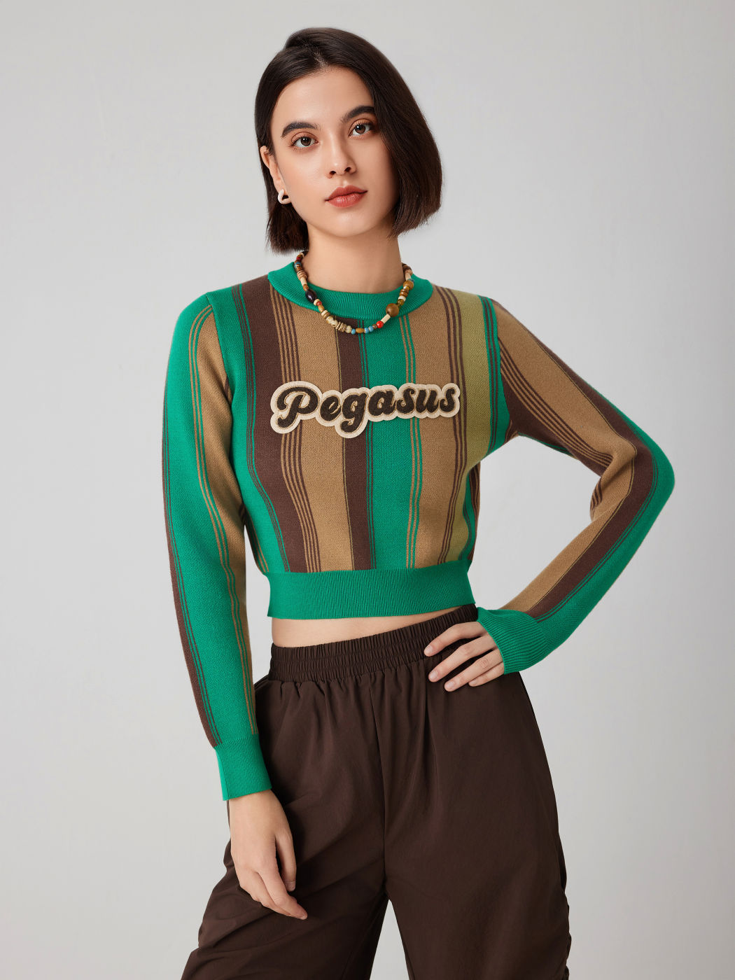 PEGASUS Round Neck Stripe Knitted Long Sleeve Crop Sweater