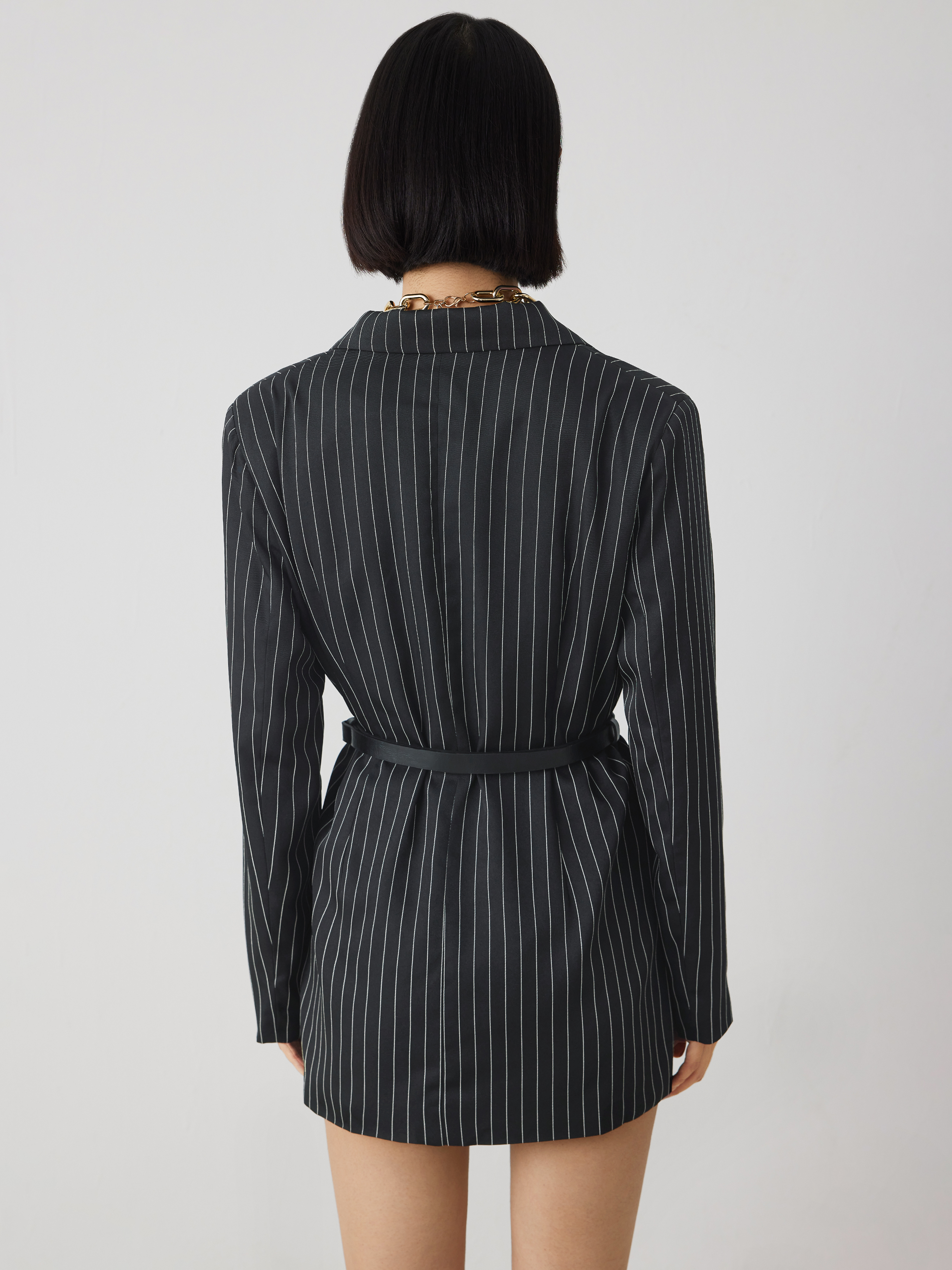 Woven Striped Notched Collar Blazer With Belt For School Work Woven Striped Notched Collar Blazer With Belt For School Work