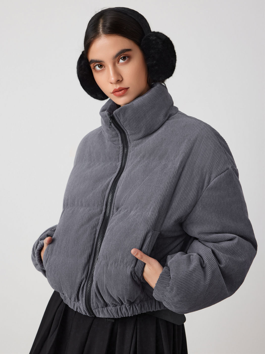 Corduroy Stand Collar Solid Pocket Puffer Jacket