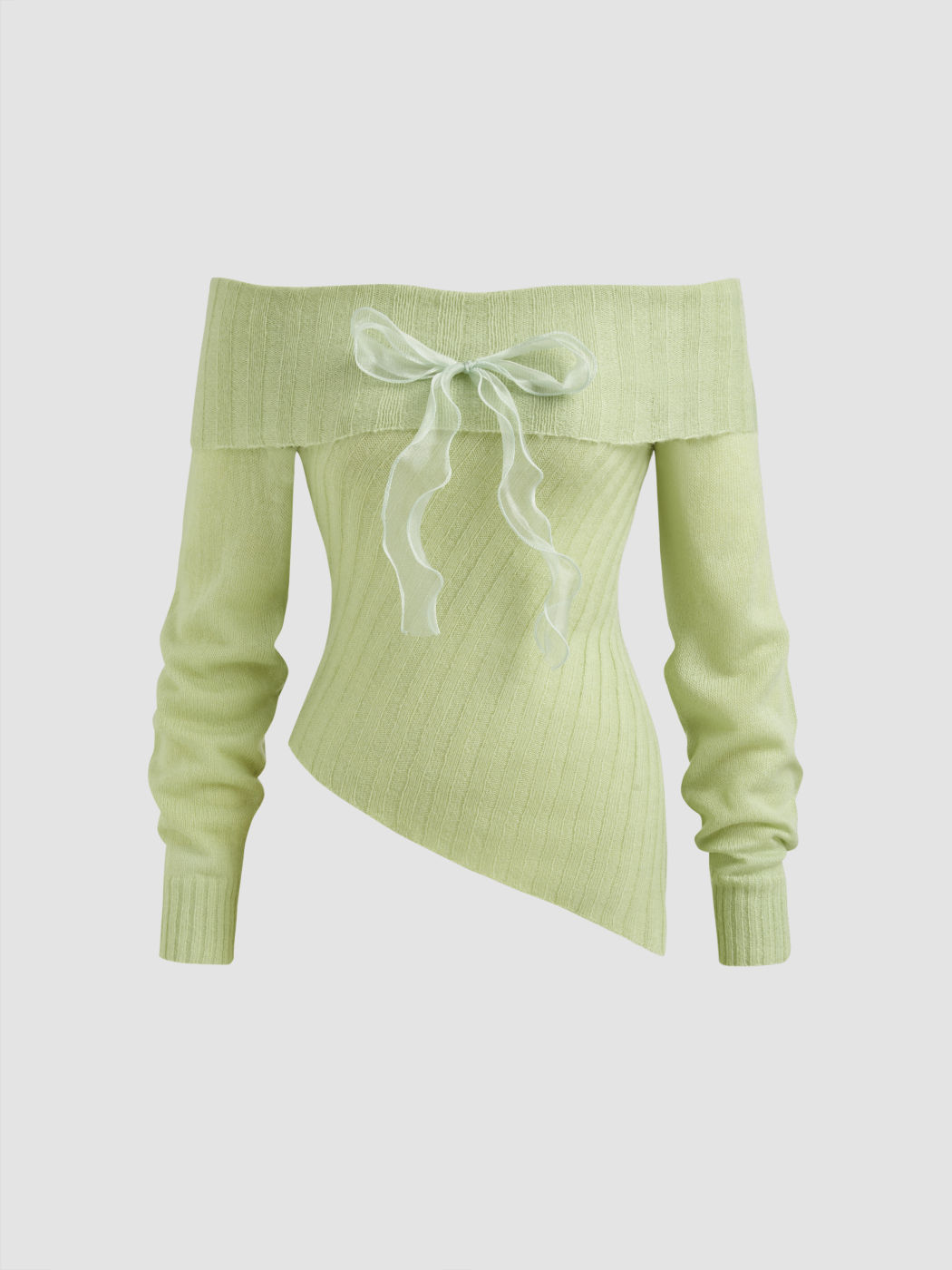 Off-shoulder Bowknot Asymmetrical Knitted Long Sleeve Top