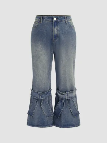  Denim Mittlere Taille Solid Schleife Ausgestellte Jeans Kurve & Plus