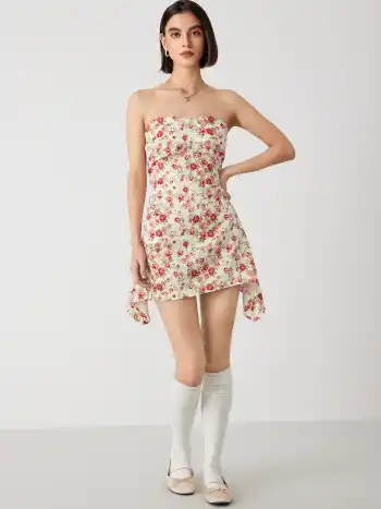 Trägerloses Minikleid aus Satin mit Blumenmuster