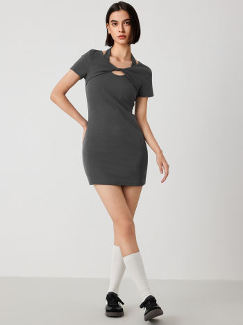 Sun Dresses Jersey Solid Jersey Halter Twist Short Sleeve Mini Dress ...
