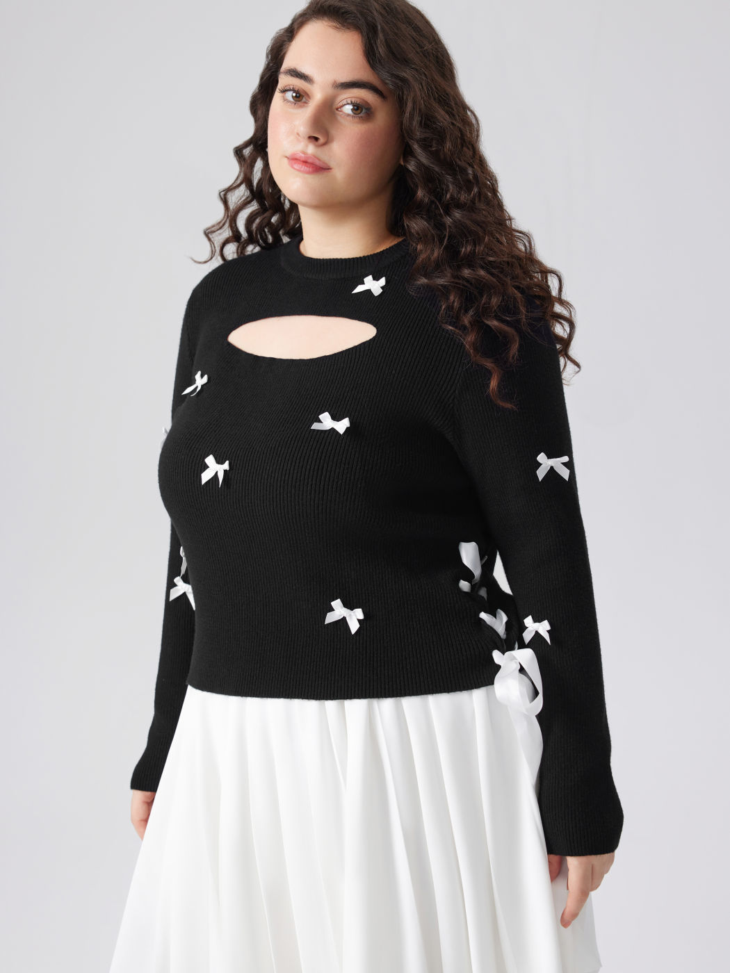 Maglia con scollo rotondo e nodo a fiocco Top a maniche lunghe Curve & Plus