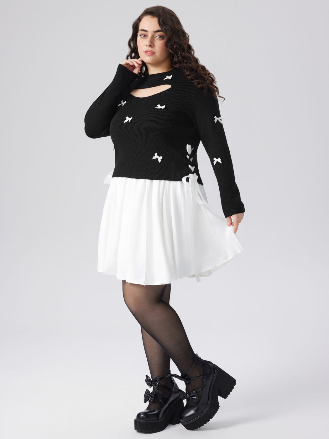 Maglia con scollo rotondo e nodo a fiocco Top a maniche lunghe Curve & Plus