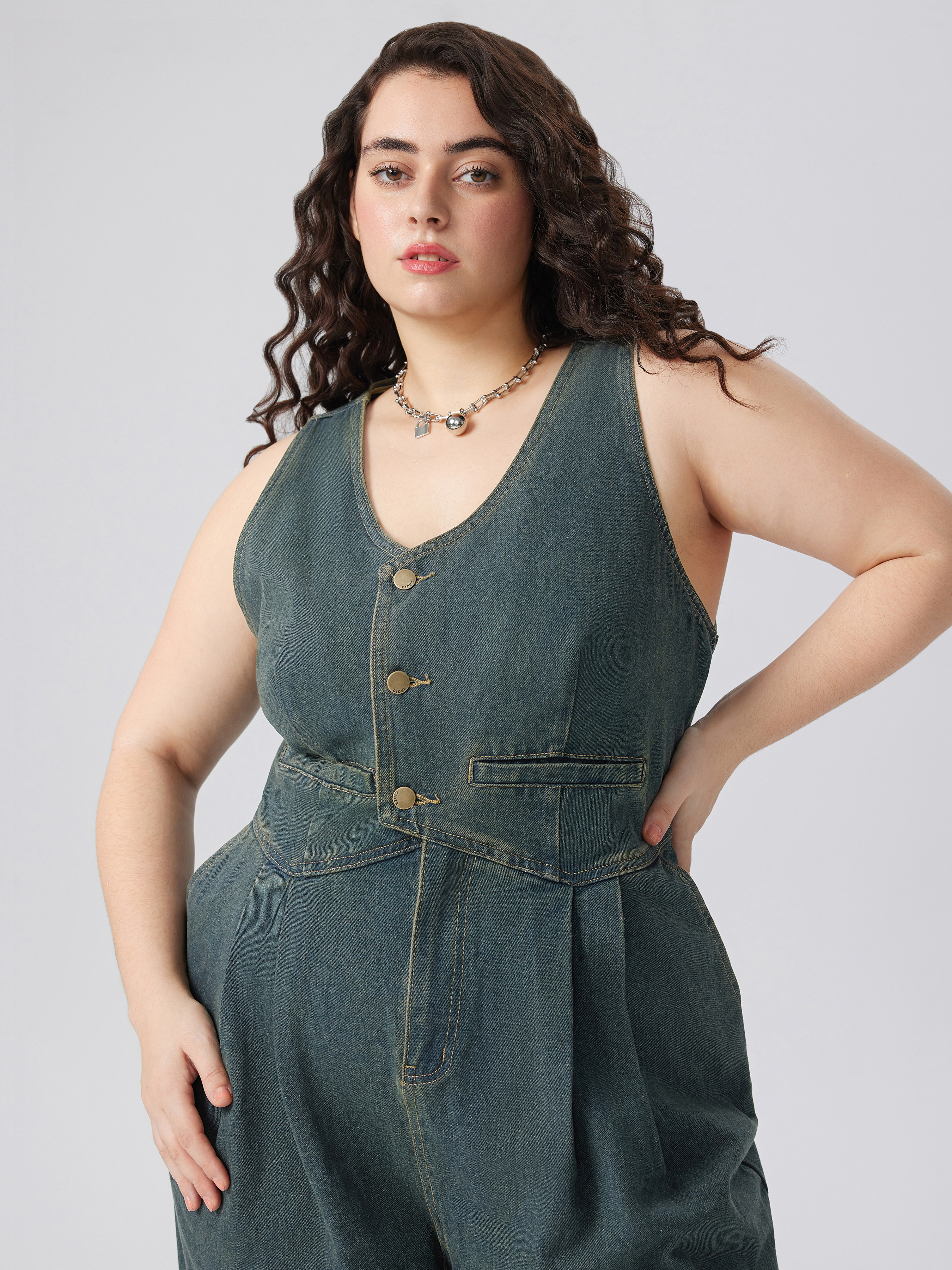 Denim Denim V-neck Belted Jumpsuit Curve & Plus For Coffee Shop