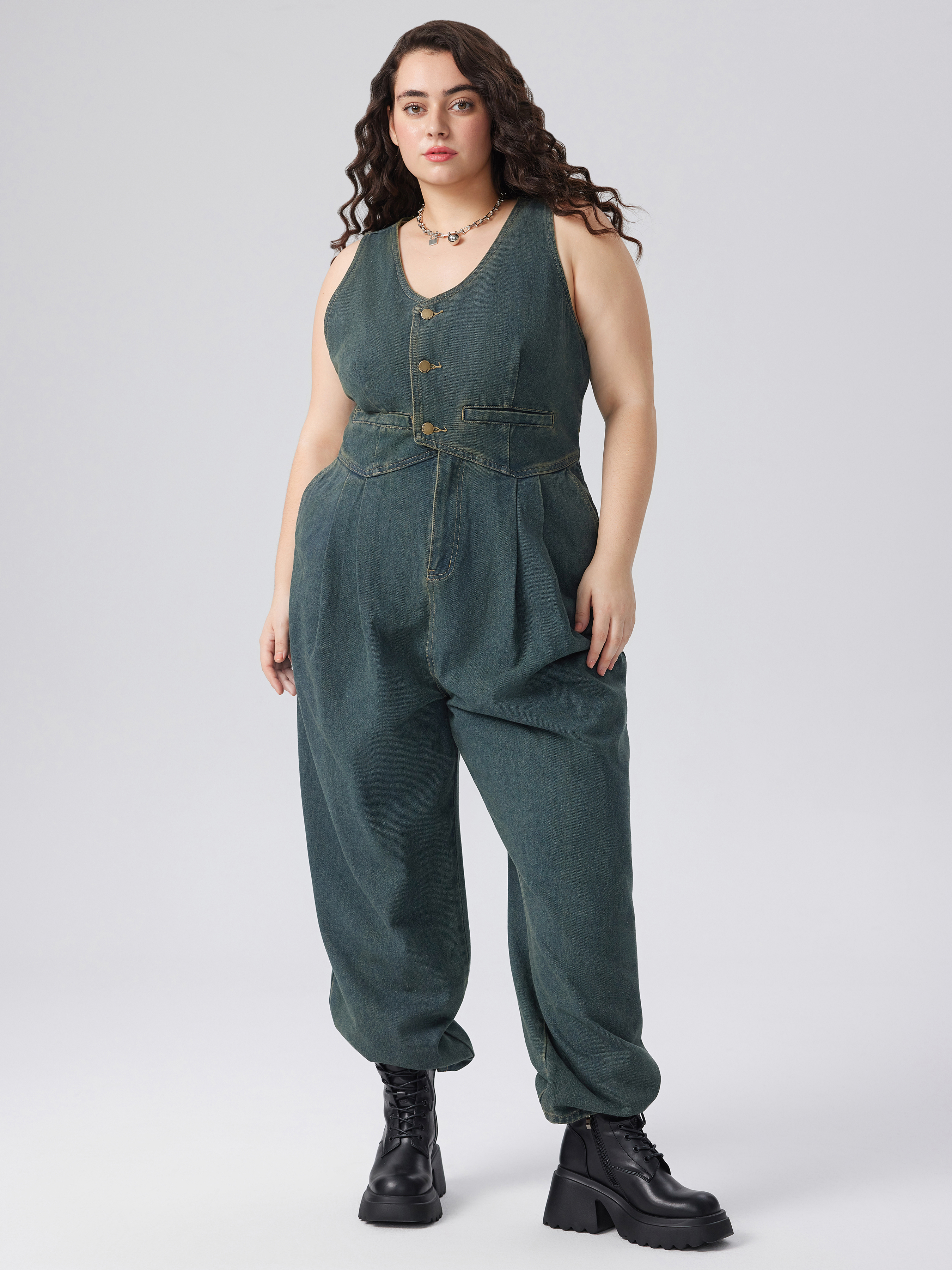 Denim Denim V-neck Belted Jumpsuit Curve & Plus For Coffee Shop