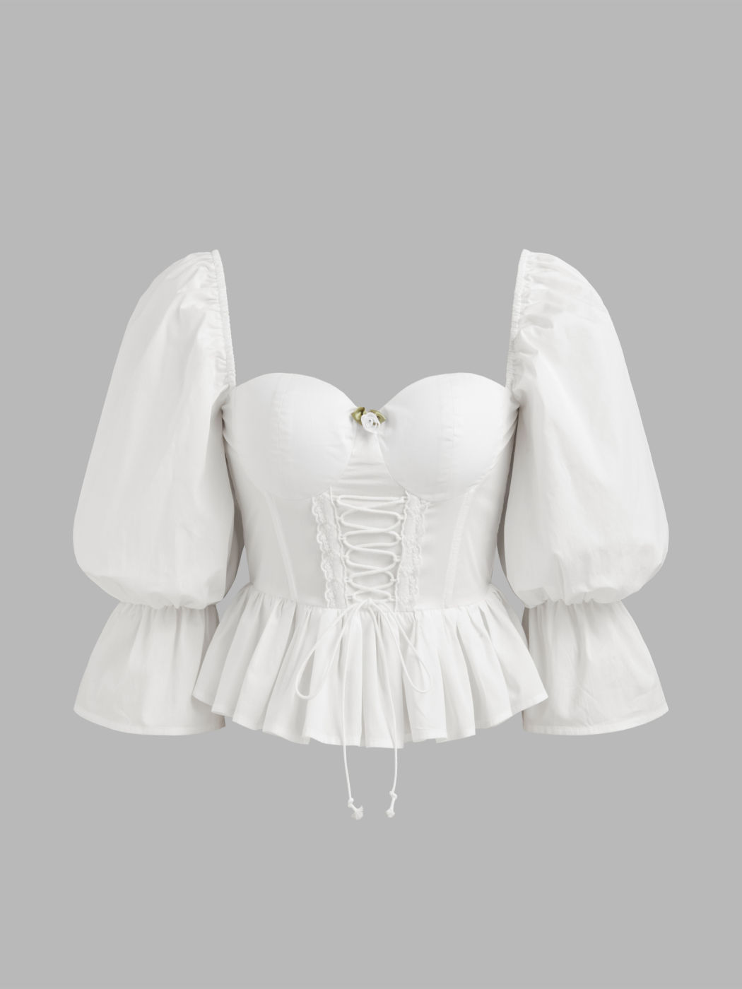 Lace Up Ruffle Hem Corset Puff Sleeve Blouse