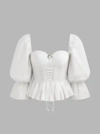  Schnürbluse mit Rüschen Saum und Puffärmeln