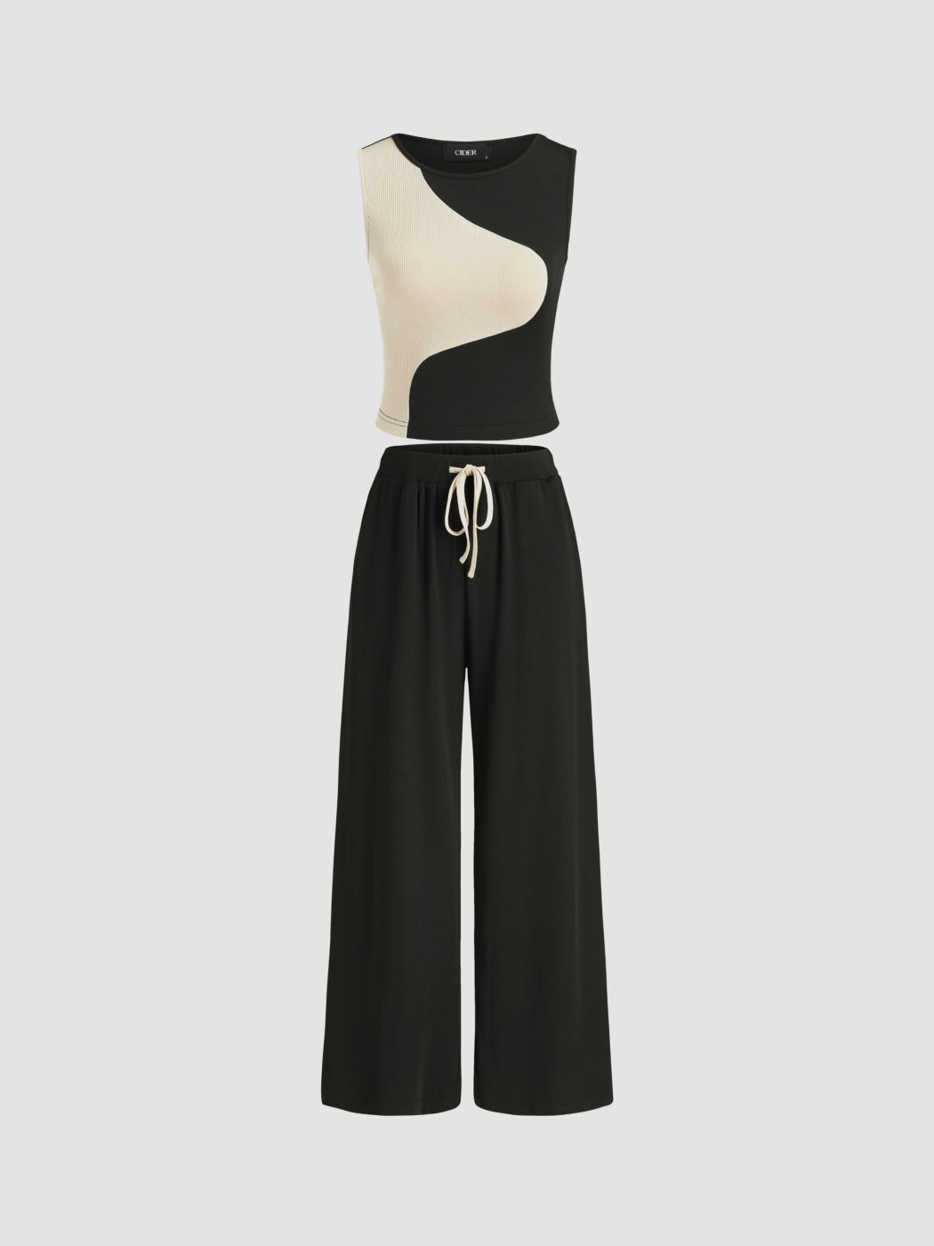 Round Neck Contrasting Crop Tank Top & Solid Elastic Waist Drawstring Trousers 