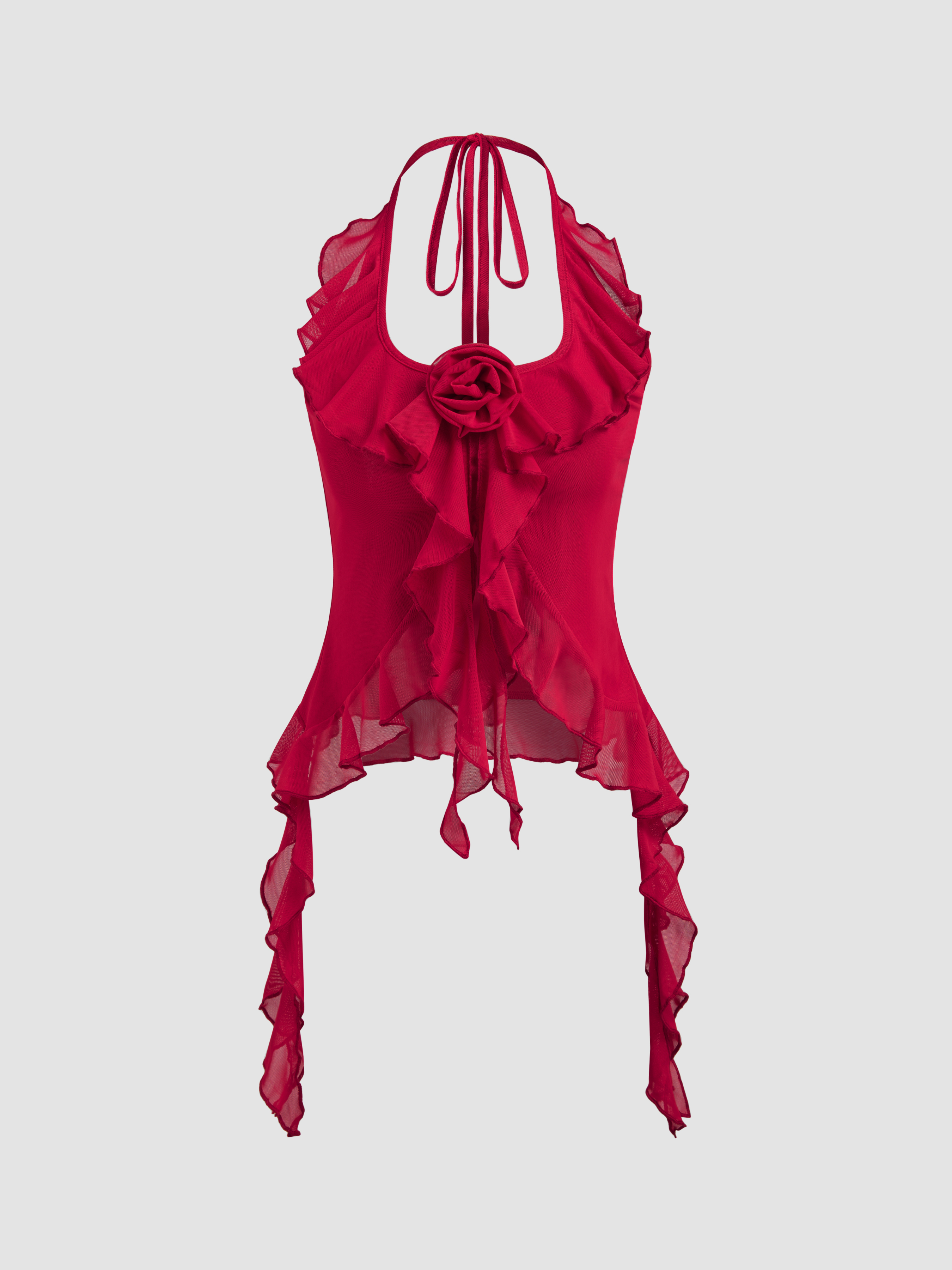 Mesh Mesh Halter Neck Rosette Ruffle Hem Crop Top For Date