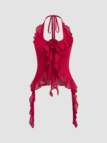 Mesh Halter Neck Rosette Ruffle Hem Crop Top
