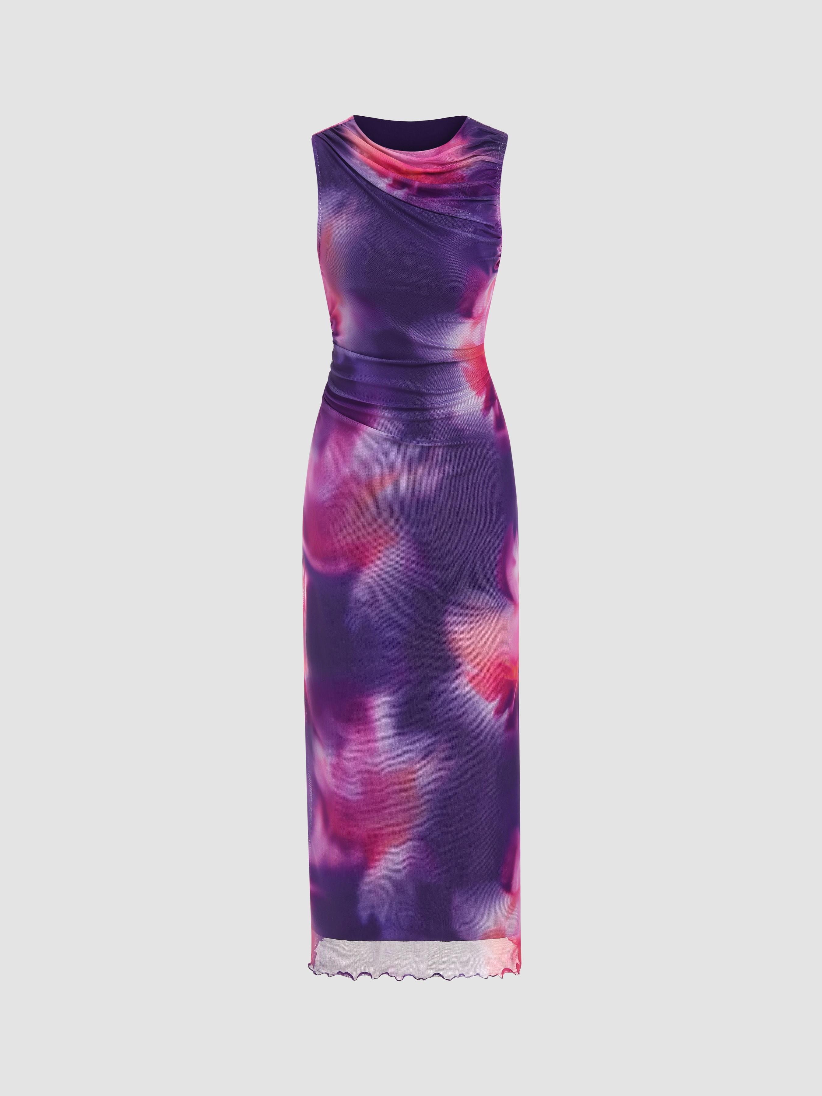 Tie-Dye Ruched Bodycon Mesh Cami Maxi Dress