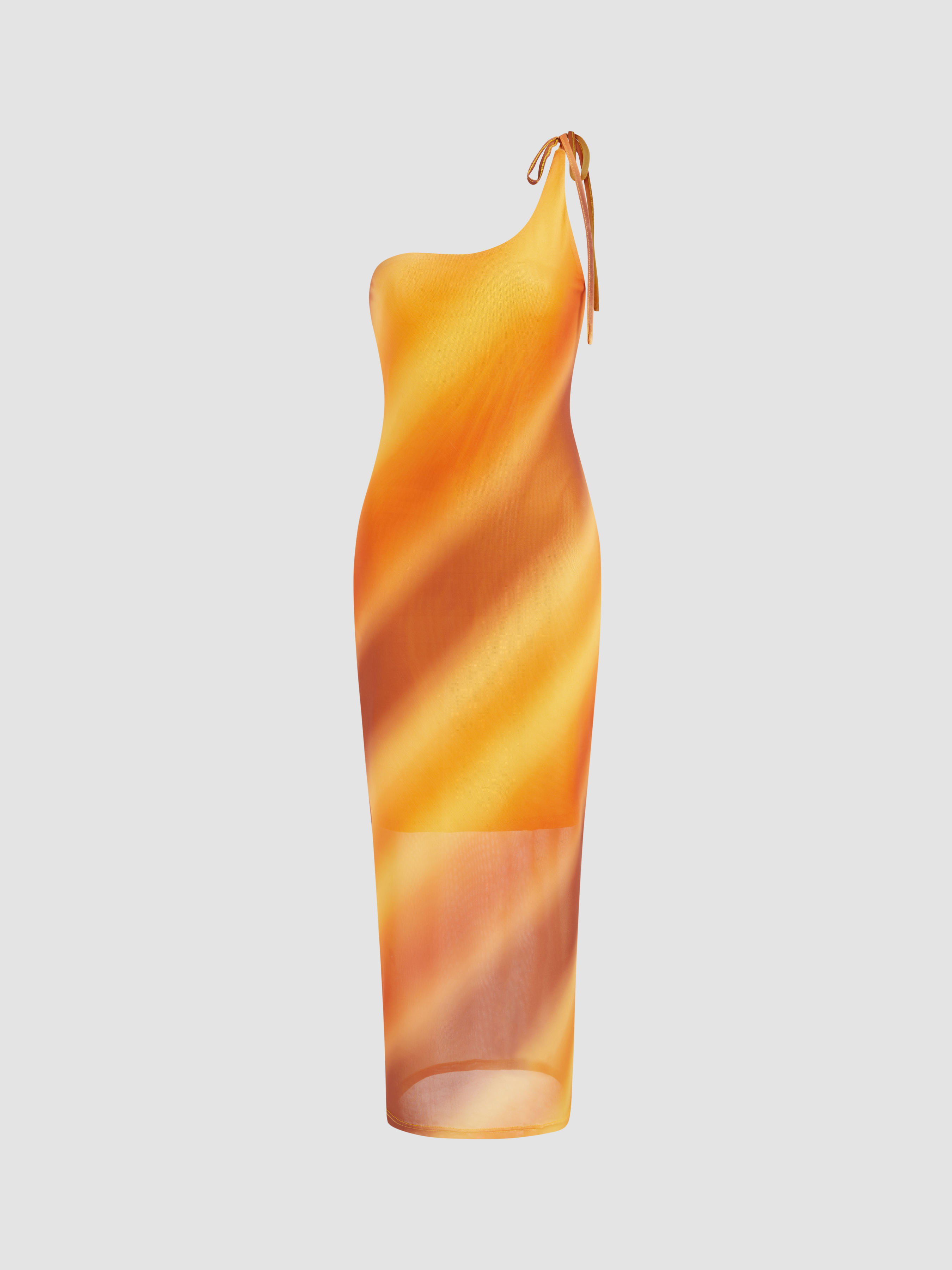 Ombre Marine Asymmetric Neck Evening Gown Maxi Dress