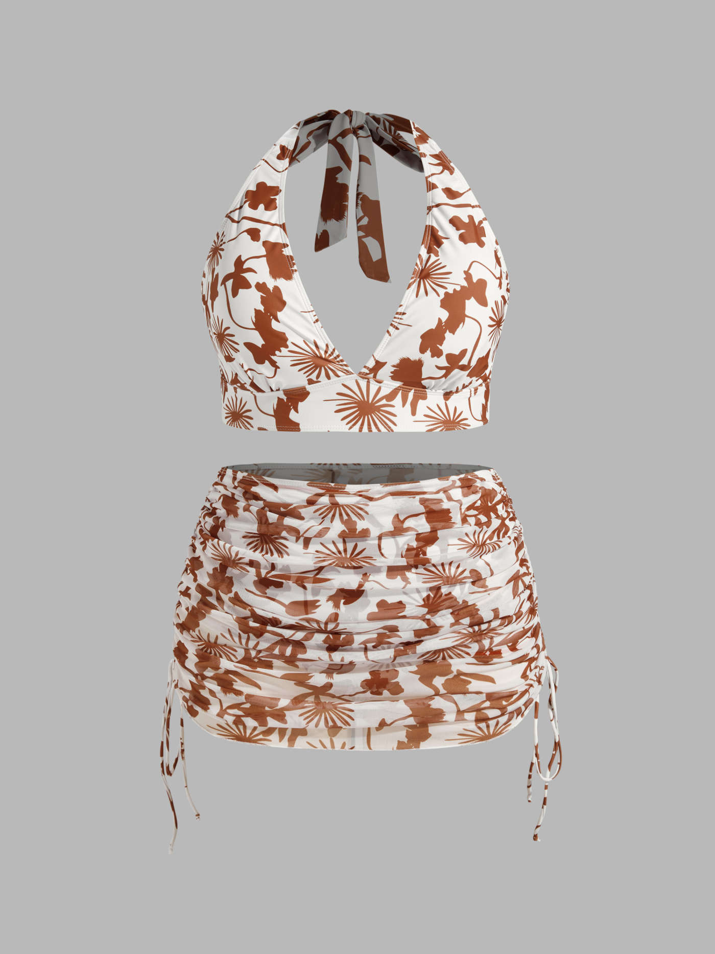 Floral Halter Bikini Set With Sarong Curve & Plus