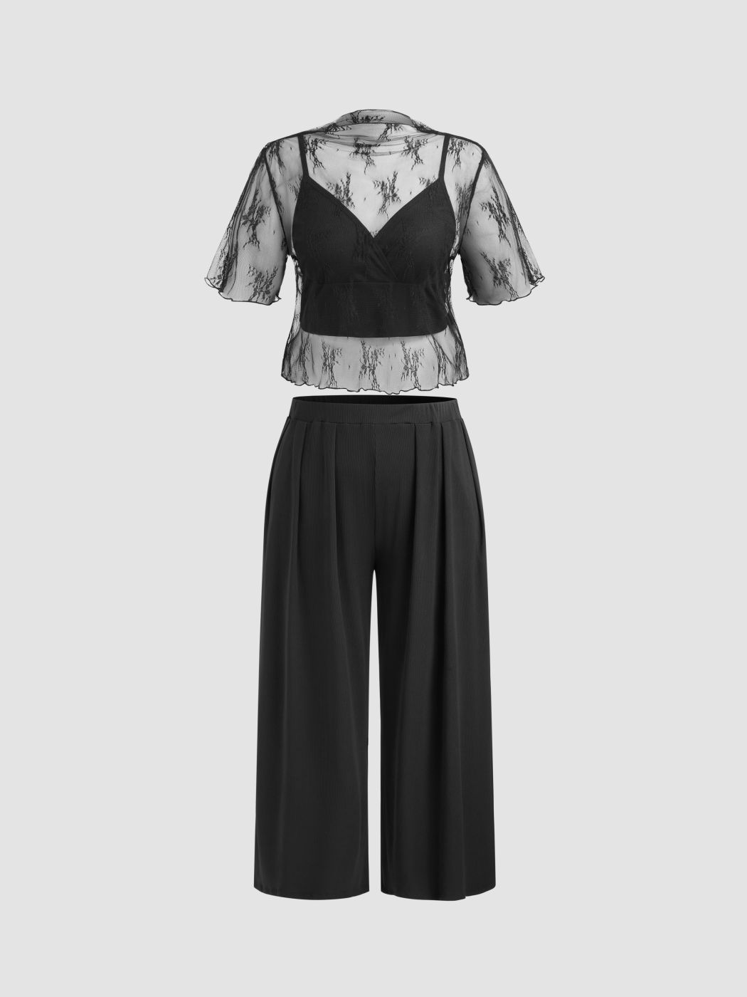 3pcs Stand Collar Lace Top & Solid Cami Top & Mid Rise Trousers Curve & Plus