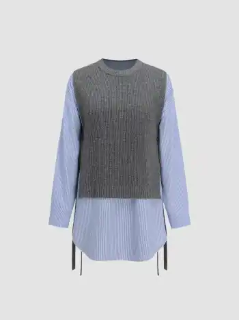 Round Neck Knit Vest Patchy Mini Shirt Dress