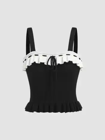 Knit Contrasting Binding Knotted Crop Top