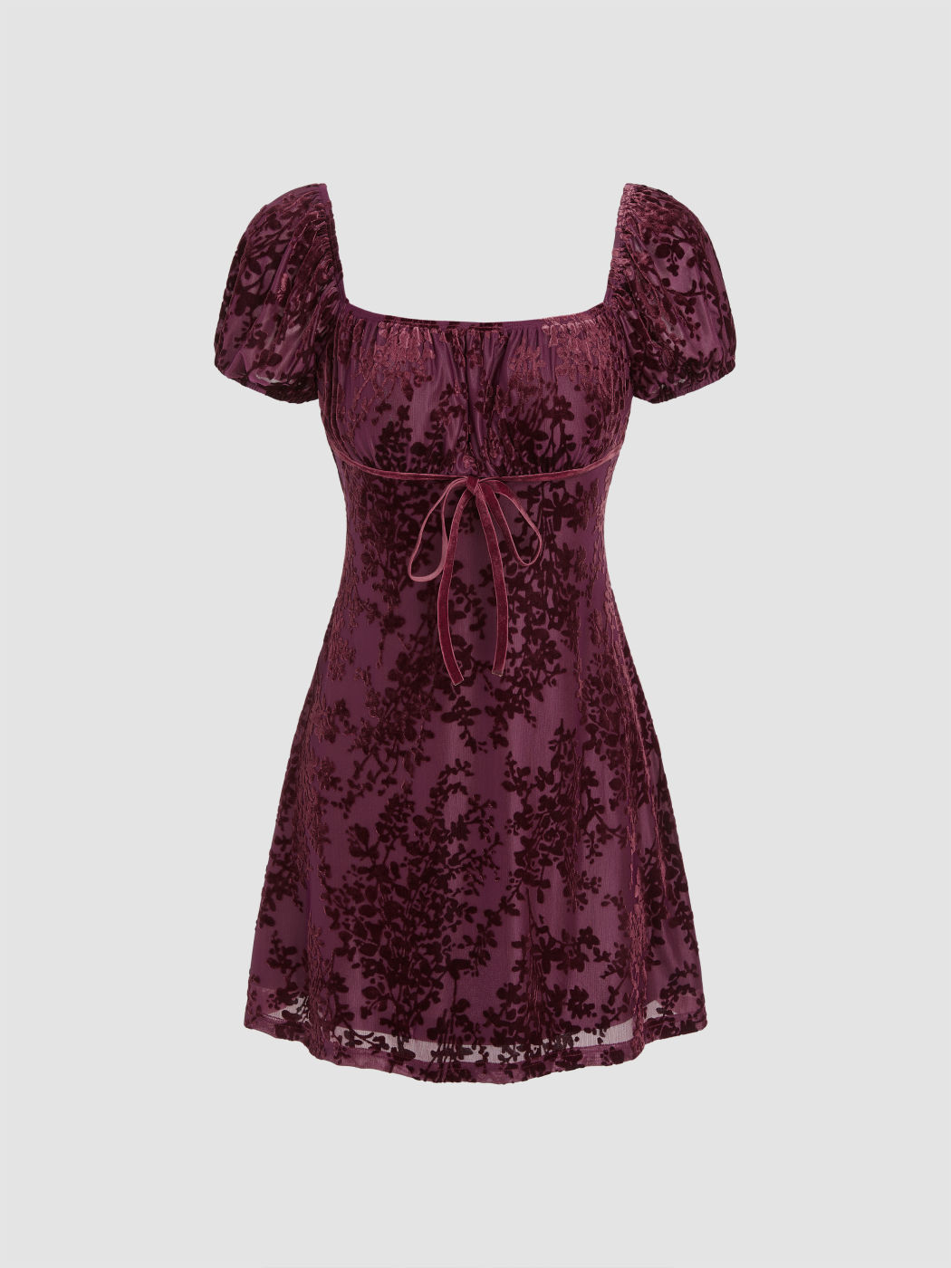 Velvet Square Neck Floral Bowknot Mini Dress