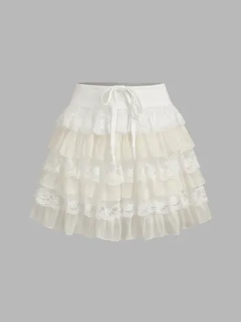 Elastic Waist Knotted Lace Layered Mini Skirt