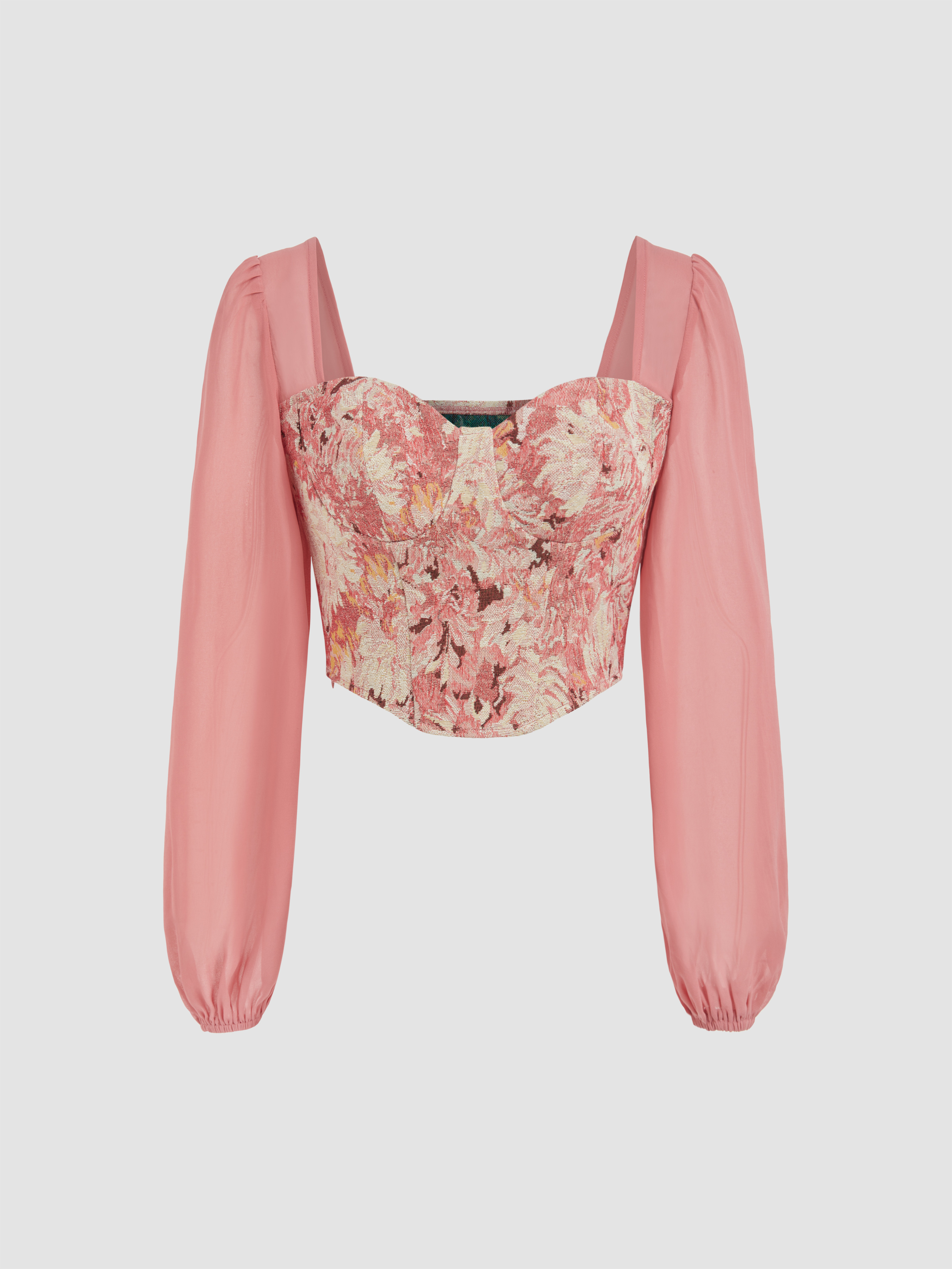 Jacquard Jacquard Sweetheart Floral Long Sleeve Crop Blouse For Picnic ...