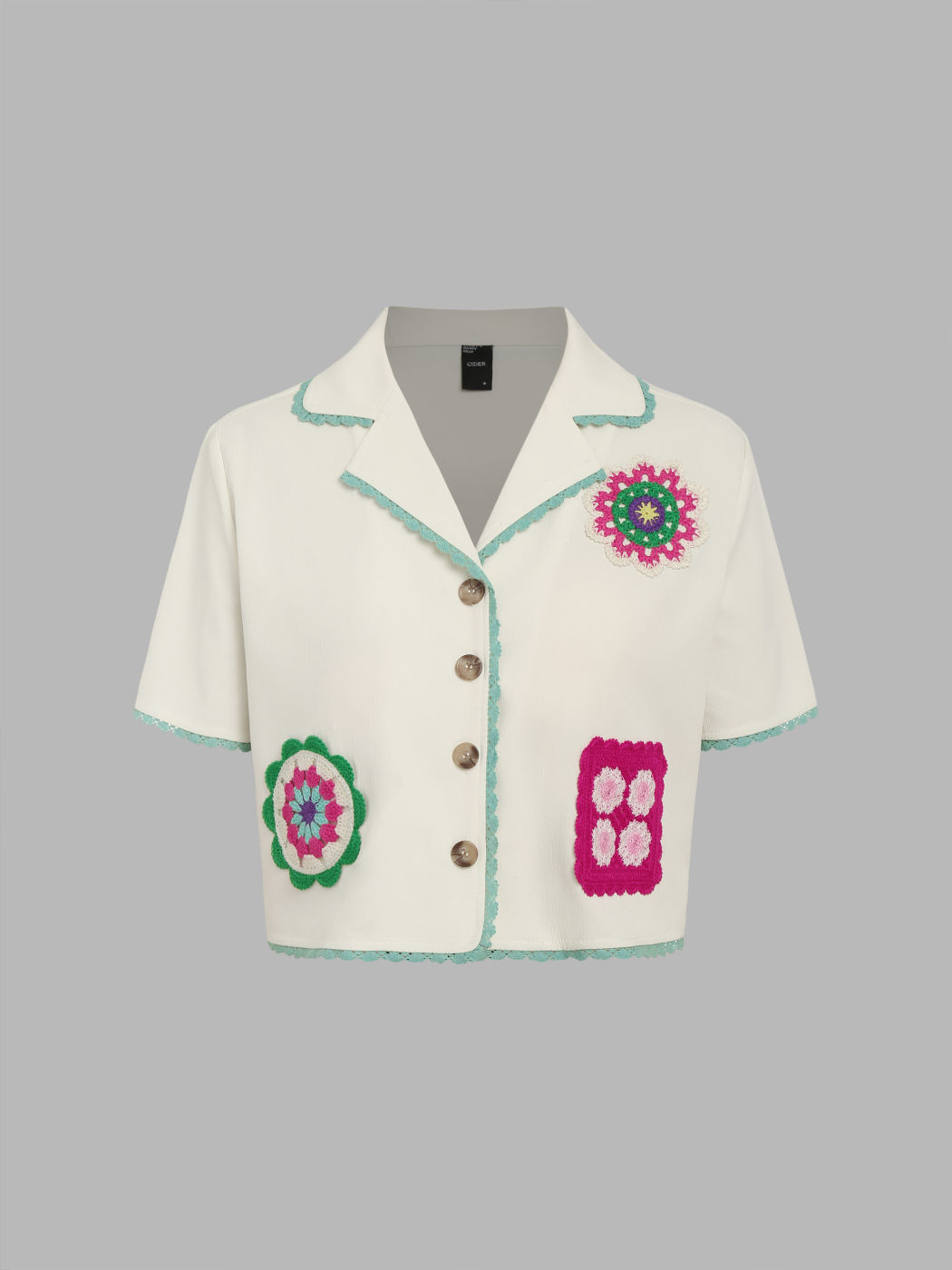Collar Lace Trim Floral Graphic Button Crop Blouse