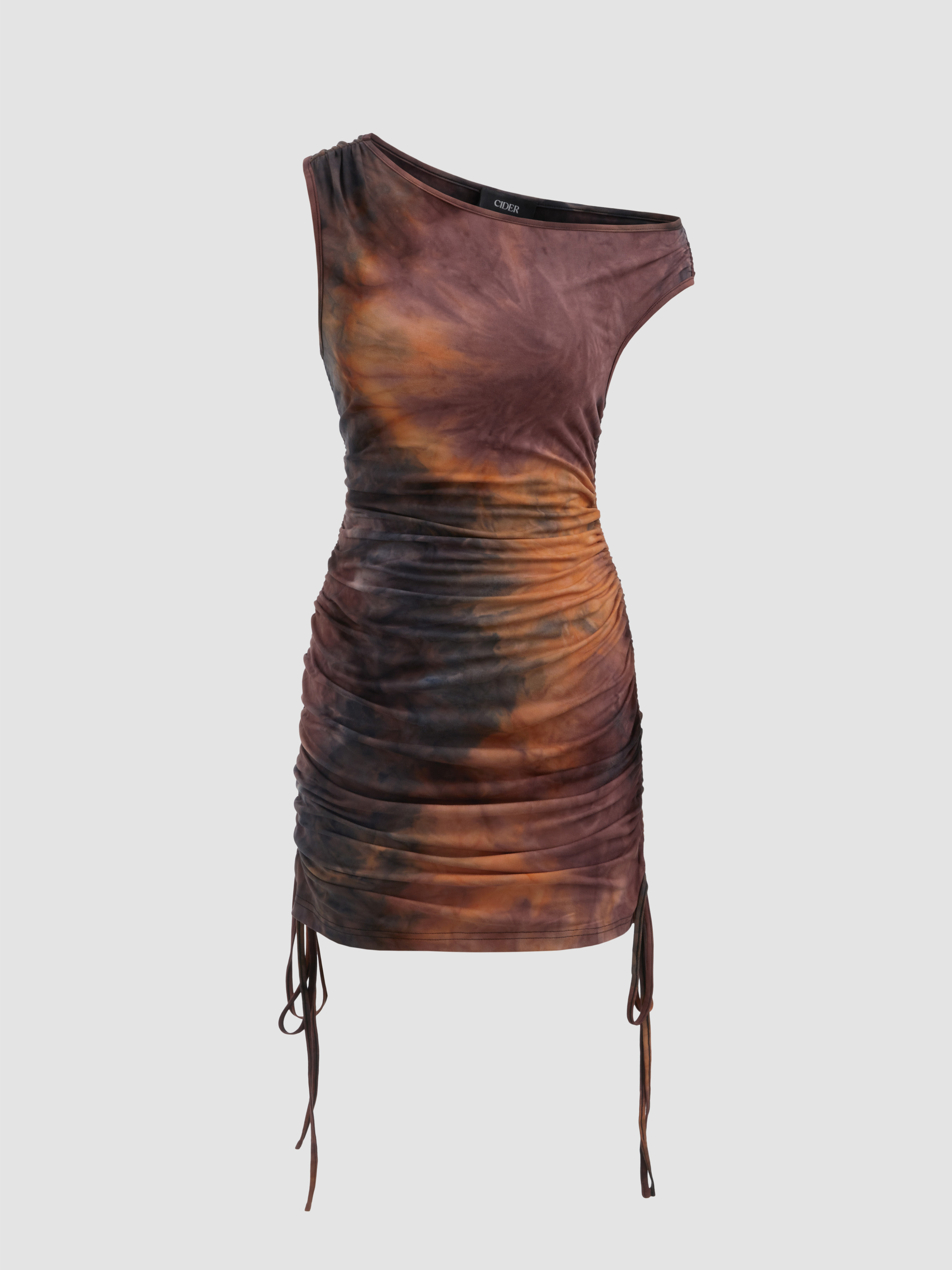 Asymmetrical Neck Tie Dye Drawstring Mini Dress For Exhibition