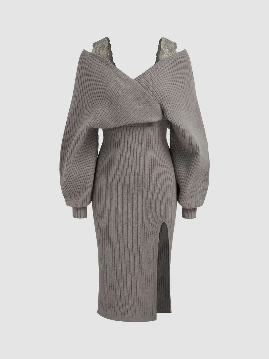 Fall Dresses Knit Fabric Knit Off-Shoulder Wrap Lace Split Midi