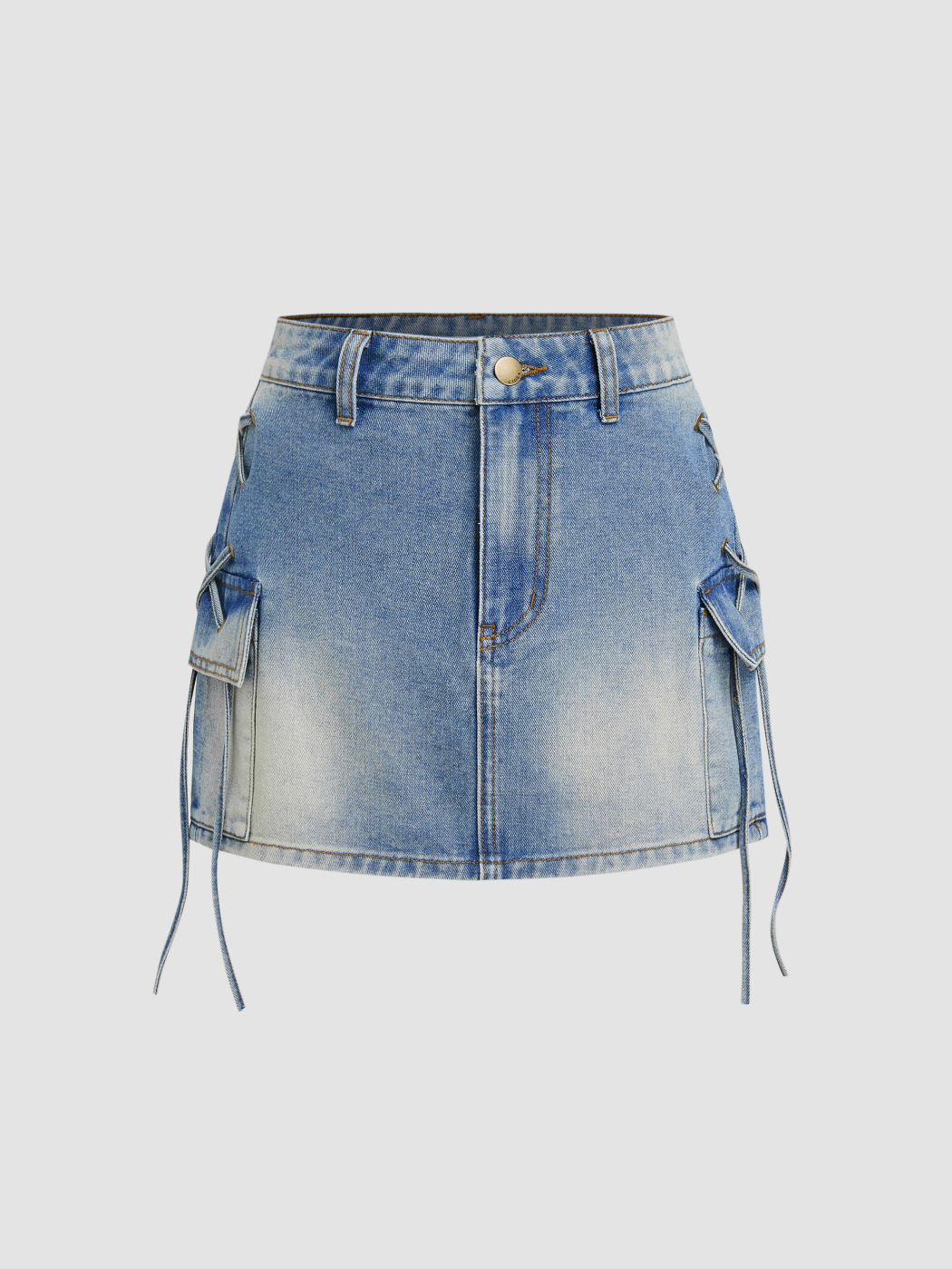 Denim Low Rise Solid Lace Up Cargo Mini Rock