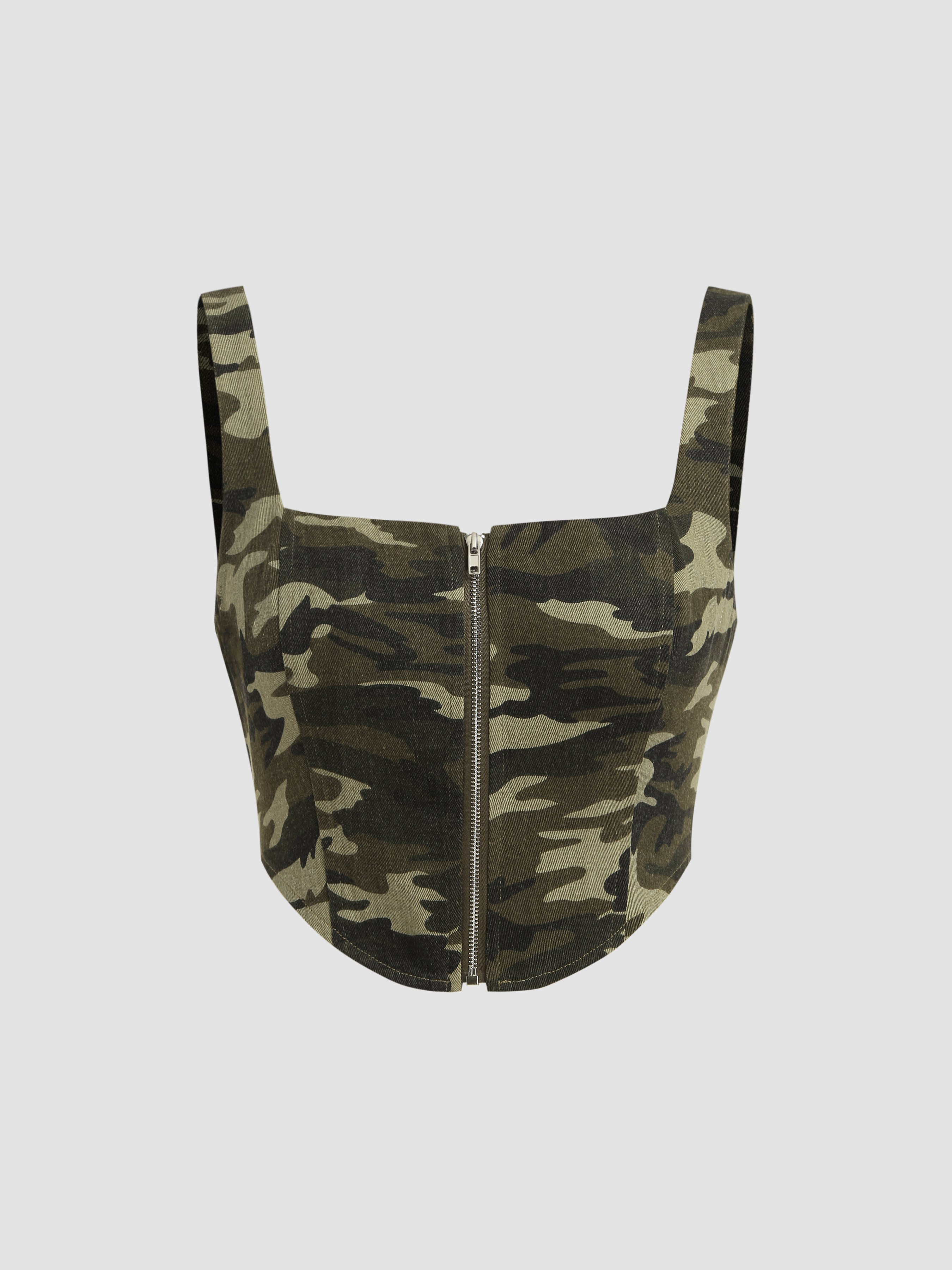 Woven Woven Camo Zipper Crop Tank Top For Music Festival