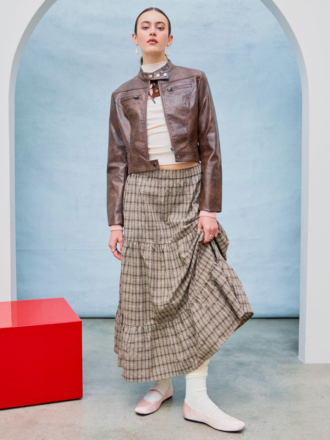 Faux-Leder-Reitjacke mit Stehkragen und Reißverschluss