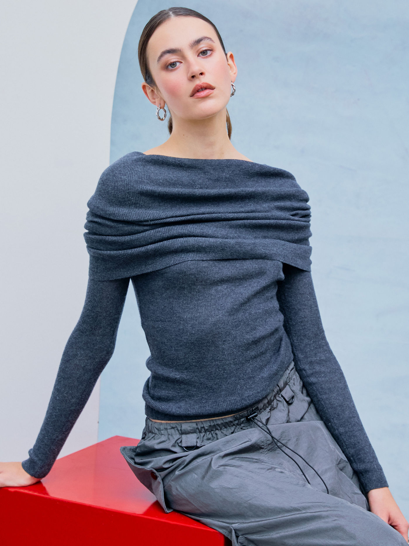 Wool-blend Off-shoulder Ruched Knit Long Sleeve Top