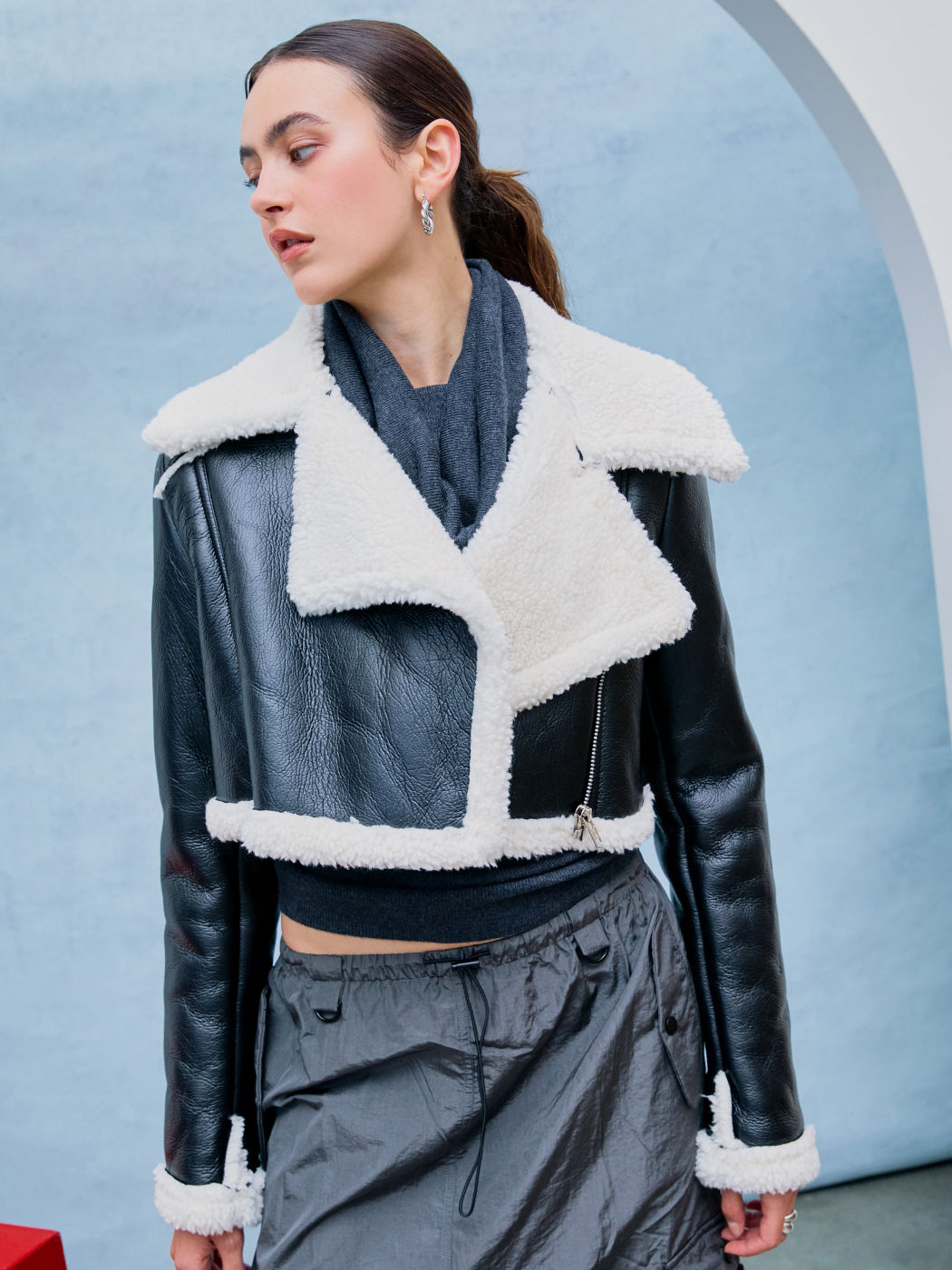 Fleece Drop Shoulder Zipper Biker Crop Jacket